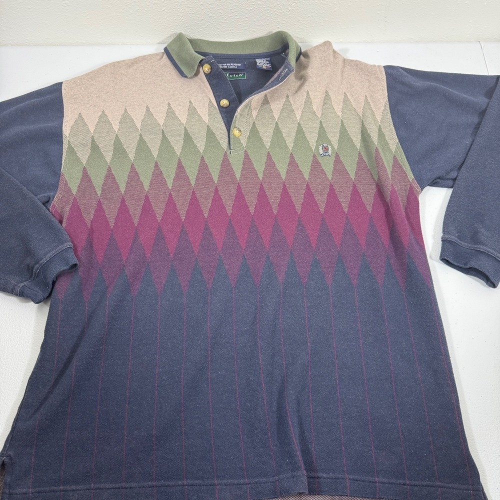 90s Siegfried Men's Long Sleeve Polo Shirt Argyle Pattern Collar Size M EUc